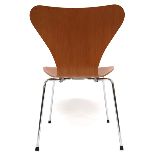 2104 - A SET OF FOUR 20TH CENTURY ARNE JACOBSEN FOR FRITZ HANSEN 3107 STACKING CHAIRS with shaped laminated... 