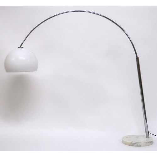 2105 - A 20TH CENTURY INVICTA INTERIORS ARC FLOOR LAMP with white acrylic dome shade suspended from chromed... 