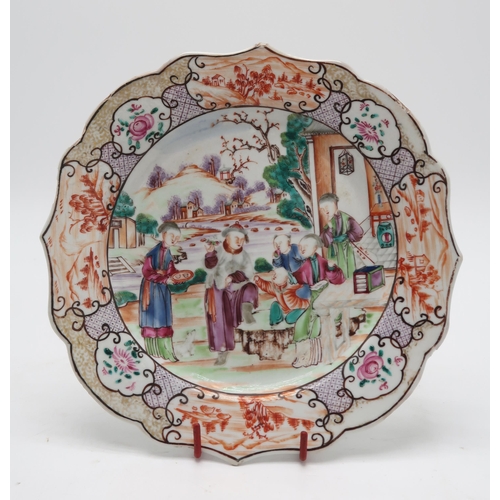 2304 - A CHINESE FAMILLE ROSE EXPORT OCTAGONAL PLATE Painted with three figures within elaborate foliate bo... 