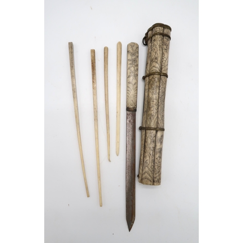 2307 - FOUR CHINESE TROUSSE EATING SETSOf traditional type in bone,bamboo,metal and hardstone, 30cm long an... 