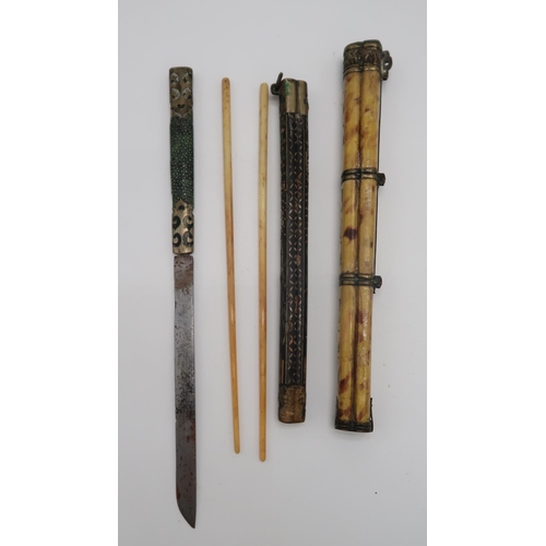 2307 - FOUR CHINESE TROUSSE EATING SETSOf traditional type in bone,bamboo,metal and hardstone, 30cm long an... 