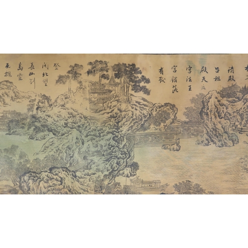 2308 - TWO CHINESE LANDSCAPE SCROLL PICTURESPrinted on silk with extensive views and calligraphy, 27 and 29... 