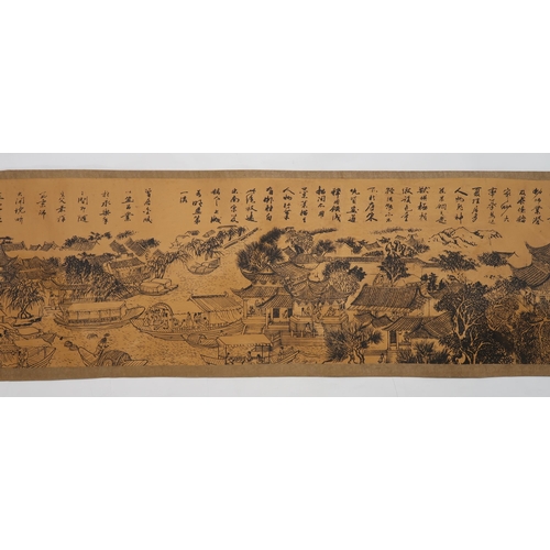 2308 - TWO CHINESE LANDSCAPE SCROLL PICTURESPrinted on silk with extensive views and calligraphy, 27 and 29... 