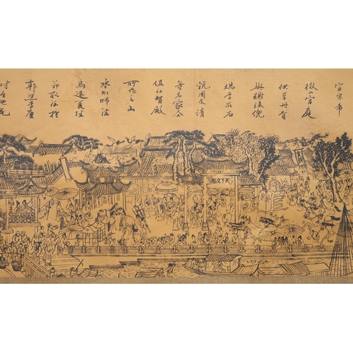 2308 - TWO CHINESE LANDSCAPE SCROLL PICTURESPrinted on silk with extensive views and calligraphy, 27 and 29... 