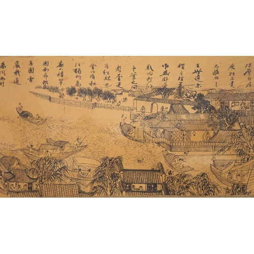 2308 - TWO CHINESE LANDSCAPE SCROLL PICTURESPrinted on silk with extensive views and calligraphy, 27 and 29... 