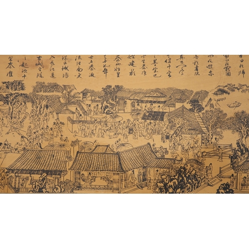 2308 - TWO CHINESE LANDSCAPE SCROLL PICTURESPrinted on silk with extensive views and calligraphy, 27 and 29... 