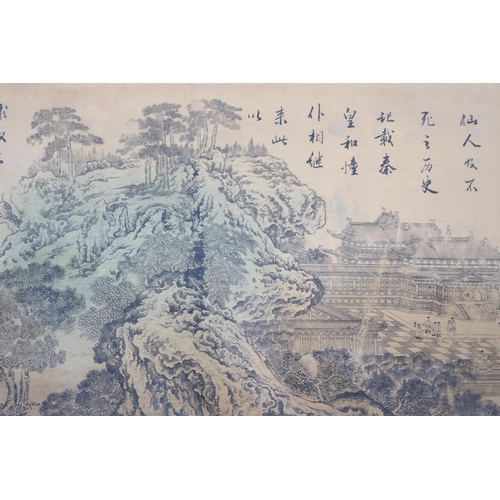 2308 - TWO CHINESE LANDSCAPE SCROLL PICTURESPrinted on silk with extensive views and calligraphy, 27 and 29... 