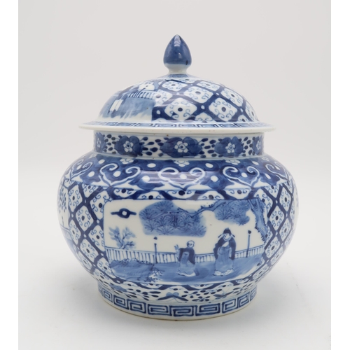 2309 - A CHINESE BLUE AND WHITE BALUSTER VASE AND COVER painted with figures in panels within scrolling fol... 