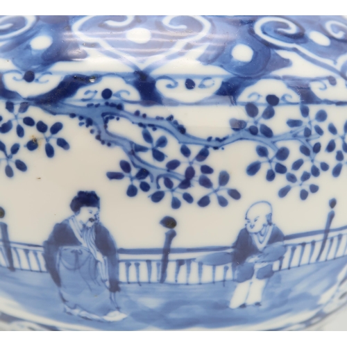 2309 - A CHINESE BLUE AND WHITE BALUSTER VASE AND COVER painted with figures in panels within scrolling fol... 