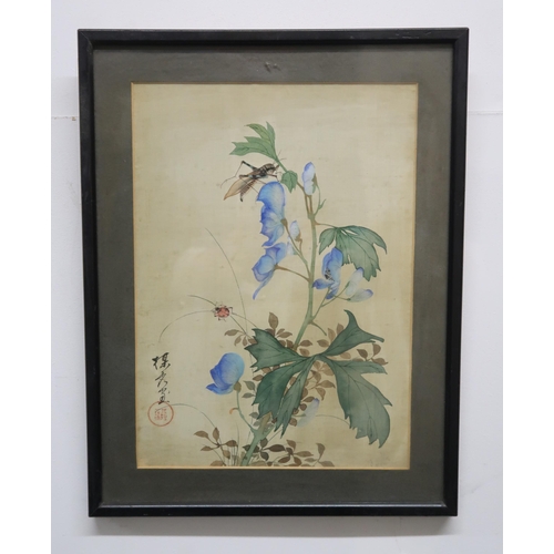 2313 - A SET OF SIX CHINESE PAINTINGS each with insects, flowers and a heron, watercolour on silk, 26 x 19c... 