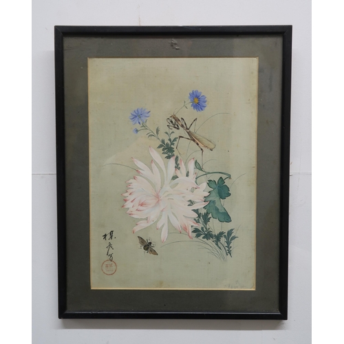 2313 - A SET OF SIX CHINESE PAINTINGS each with insects, flowers and a heron, watercolour on silk, 26 x 19c... 