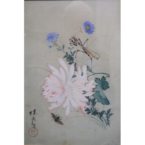 2313 - A SET OF SIX CHINESE PAINTINGS each with insects, flowers and a heron, watercolour on silk, 26 x 19c... 