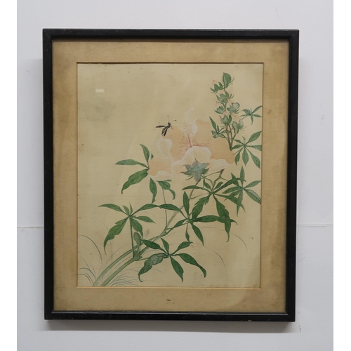 2313 - A SET OF SIX CHINESE PAINTINGS each with insects, flowers and a heron, watercolour on silk, 26 x 19c... 