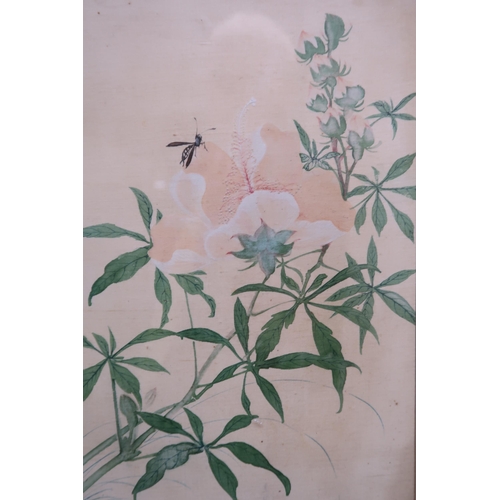 2313 - A SET OF SIX CHINESE PAINTINGS each with insects, flowers and a heron, watercolour on silk, 26 x 19c... 