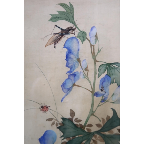 2313 - A SET OF SIX CHINESE PAINTINGS each with insects, flowers and a heron, watercolour on silk, 26 x 19c... 