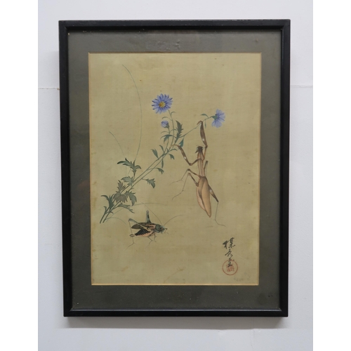 2313 - A SET OF SIX CHINESE PAINTINGS each with insects, flowers and a heron, watercolour on silk, 26 x 19c... 