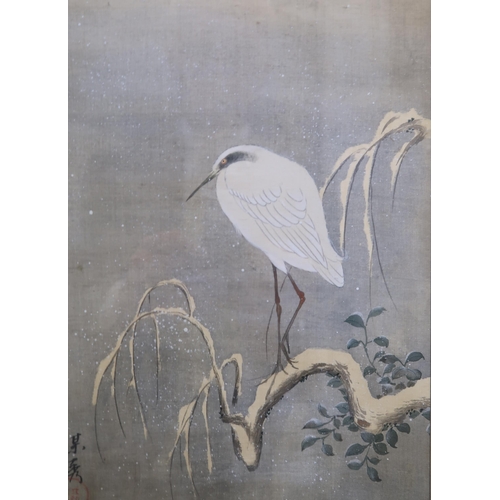 2313 - A SET OF SIX CHINESE PAINTINGS each with insects, flowers and a heron, watercolour on silk, 26 x 19c... 