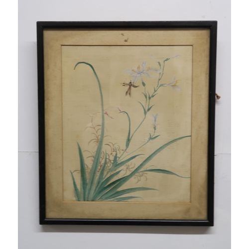 2313 - A SET OF SIX CHINESE PAINTINGS each with insects, flowers and a heron, watercolour on silk, 26 x 19c... 