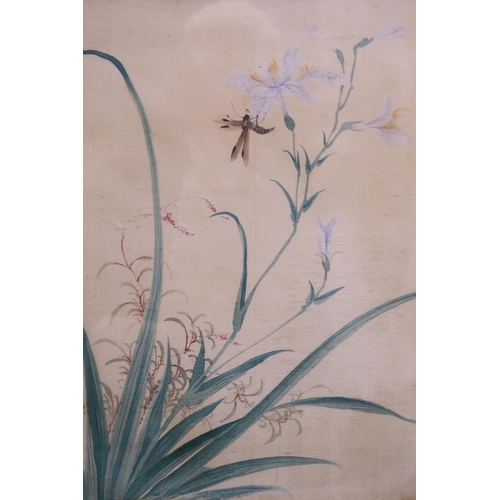 2313 - A SET OF SIX CHINESE PAINTINGS each with insects, flowers and a heron, watercolour on silk, 26 x 19c... 