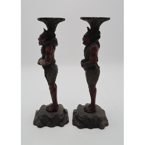 2316 - A PAIR OF CARVED WOOD,POLYCHROME AND GESSO ONI CANDLESTICKS each demon standing and facing forwards,... 