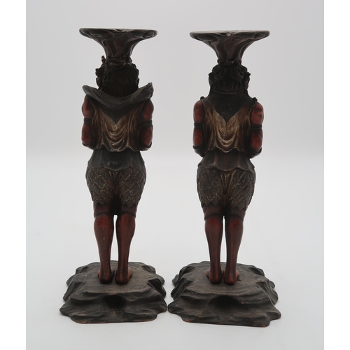 2316 - A PAIR OF CARVED WOOD,POLYCHROME AND GESSO ONI CANDLESTICKS each demon standing and facing forwards,... 