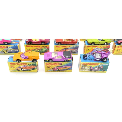 2615 - A COLLECTION OF BOXED LESNEY MATCHBOX SUPERFAST MODEL VEHICLESComprising 19 Road Dragster, 20 Lambor... 