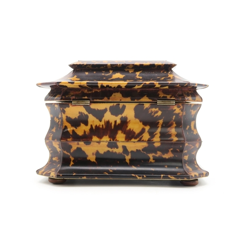 2625 - A VICTORIAN TORTOISESHELL TEA CADDY OF BOMBE CASKET FORMWith ivory-banded twin-compartmentalised int... 