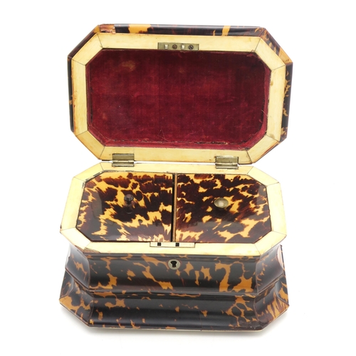 2625 - A VICTORIAN TORTOISESHELL TEA CADDY OF BOMBE CASKET FORMWith ivory-banded twin-compartmentalised int... 