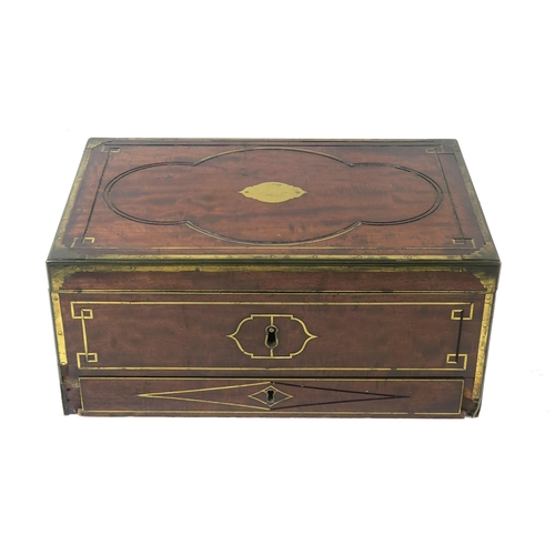 2626 - A VICTORIAN BRASS-BOUND MAHOGANY STRONG BOXHaving flush handles to sides, the lower portion accommod... 