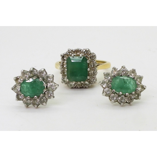 2706 - EMERALD & DIAMOND RING & EARRINGS.the 18ct gold ring, is set with estimated approx 0.35cts o... 