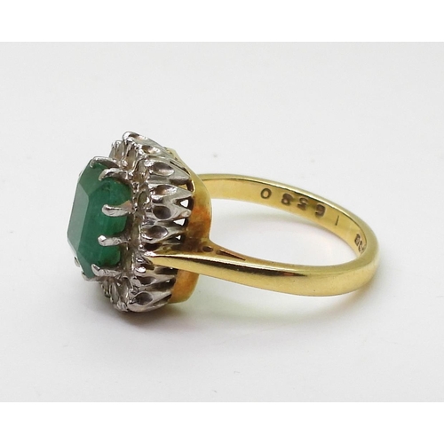 2706 - EMERALD & DIAMOND RING & EARRINGS.the 18ct gold ring, is set with estimated approx 0.35cts o... 