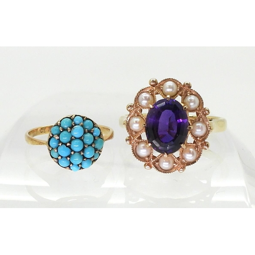 2727 - TWO VINTAGE RINGSA 9ct gold amethyst and pearl ring, size O, together with a turquoise bombe shaped ... 