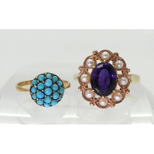 2727 - TWO VINTAGE RINGSA 9ct gold amethyst and pearl ring, size O, together with a turquoise bombe shaped ... 