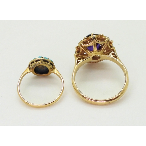 2727 - TWO VINTAGE RINGSA 9ct gold amethyst and pearl ring, size O, together with a turquoise bombe shaped ... 