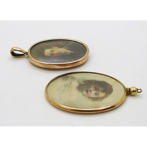 2754 - TWO PORTRAIT MINIATURESportrait of a child painted on ivory, in a yellow metal pendant mount, length... 