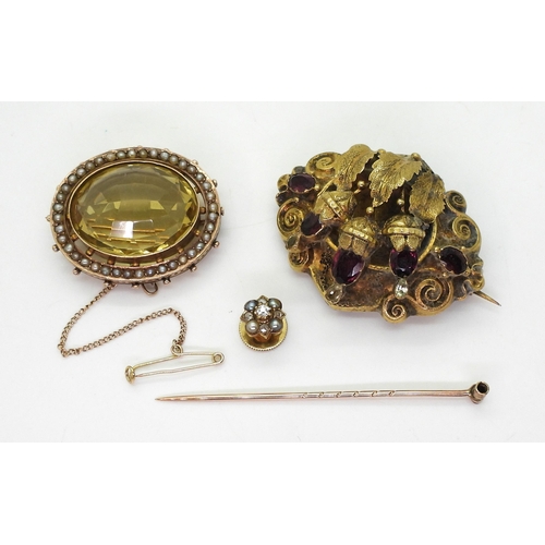 2761 - THREE JEWELSa 9ct citrine and pearl brooch set with a 24mm x 19mm facet cut citrine, with a studded ... 