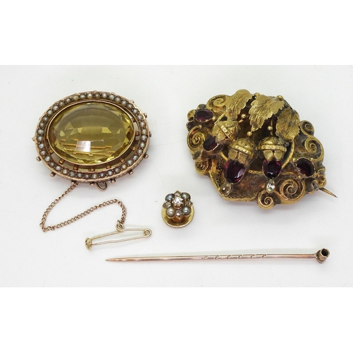 2761 - THREE JEWELSa 9ct citrine and pearl brooch set with a 24mm x 19mm facet cut citrine, with a studded ... 