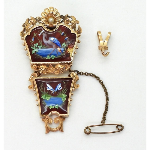 2765 - HERON & DRAGONFLY BROOCHa yellow metal pendant brooch set with European guilloche enamel panels ... 