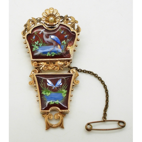 2765 - HERON & DRAGONFLY BROOCHa yellow metal pendant brooch set with European guilloche enamel panels ... 