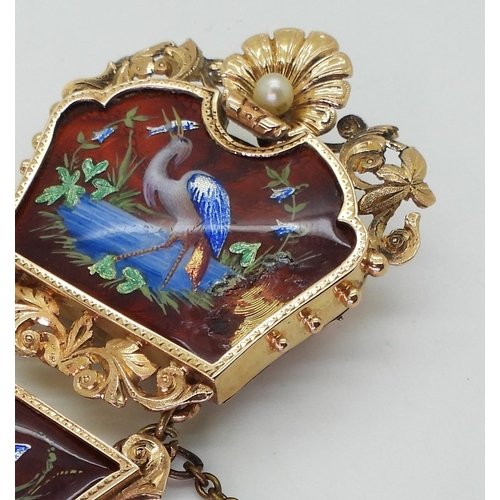 2765 - HERON & DRAGONFLY BROOCHa yellow metal pendant brooch set with European guilloche enamel panels ... 