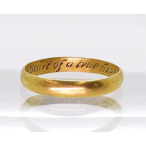 2767 - A POSY RINGin bright yellow metal, the inner shank engraved 'Tak this in part of a true heart' finge... 