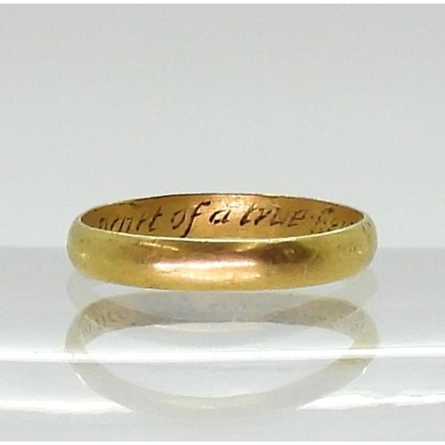 2767 - A POSY RINGin bright yellow metal, the inner shank engraved 'Tak this in part of a true heart' finge... 