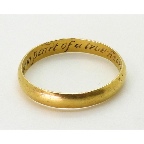 2767 - A POSY RINGin bright yellow metal, the inner shank engraved 'Tak this in part of a true heart' finge... 