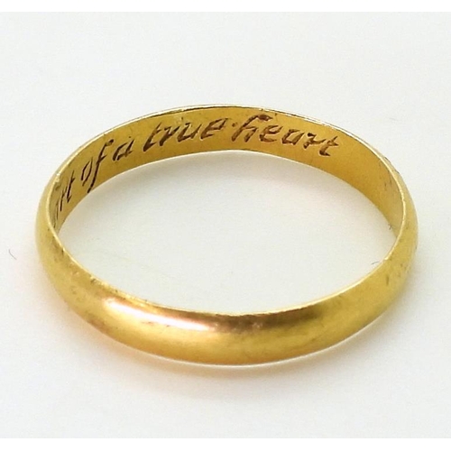 2767 - A POSY RINGin bright yellow metal, the inner shank engraved 'Tak this in part of a true heart' finge... 