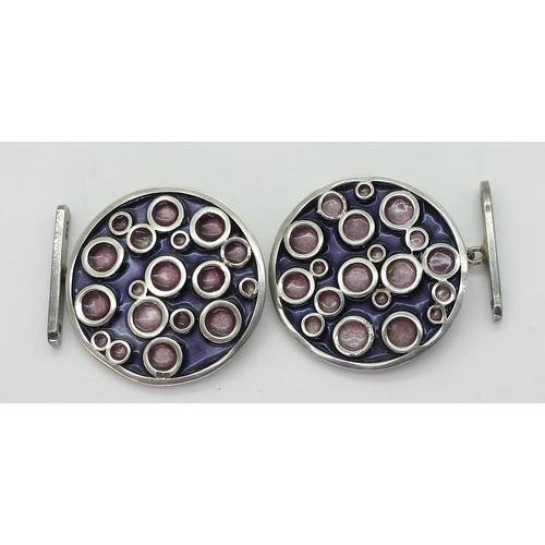 2775 - NORMAN GRANT CUFFLINKSfrom the 'Honesty collection' mounted in silver and enamelled in pink and purp... 