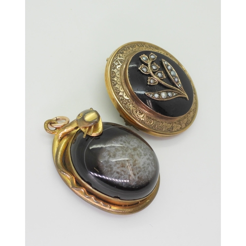 2791 - TWO VICTORIAN JEWELSa yellow metal brooch with a locket back, black enamelled front panel depicting ... 