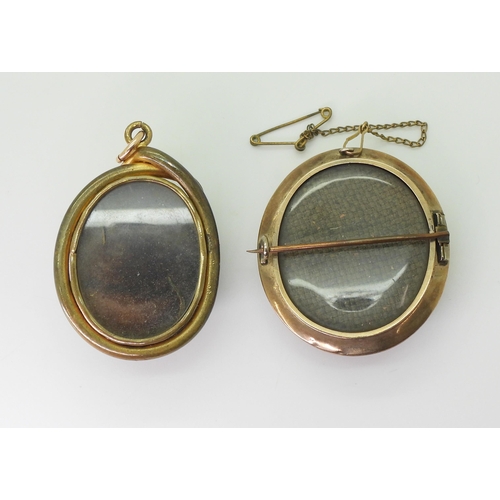 2791 - TWO VICTORIAN JEWELSa yellow metal brooch with a locket back, black enamelled front panel depicting ... 