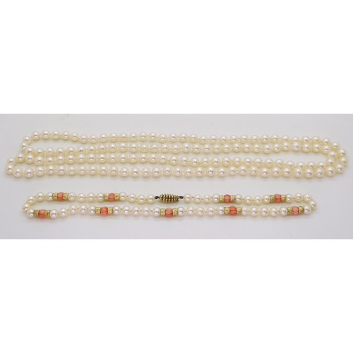 2796 - TWO STRINGS OF PEARLSa string of Mikimoto pearls with coral and 9ct gold bead details, the tongue of... 