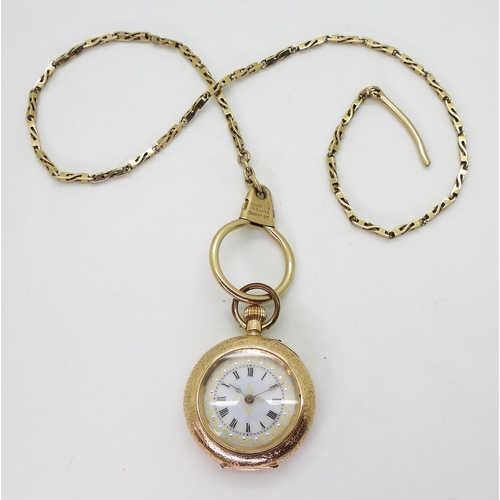 2904 - A 14K GOLD DECORATIVE FOB & CHAINa ladies Swiss hallmarked fob watch with a French enamelled dia... 