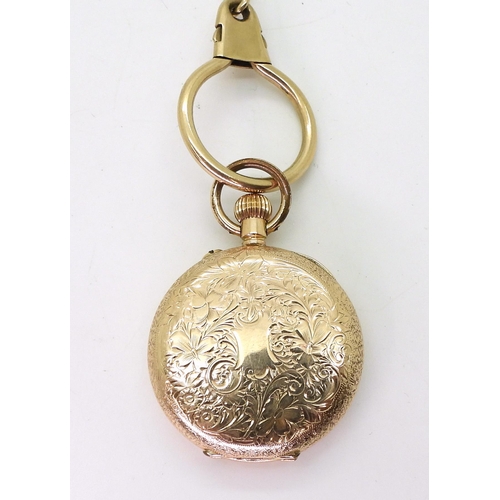 2904 - A 14K GOLD DECORATIVE FOB & CHAINa ladies Swiss hallmarked fob watch with a French enamelled dia... 